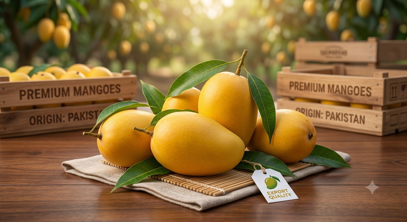 Premium export-quality Pakistani mangoes with orchard crates