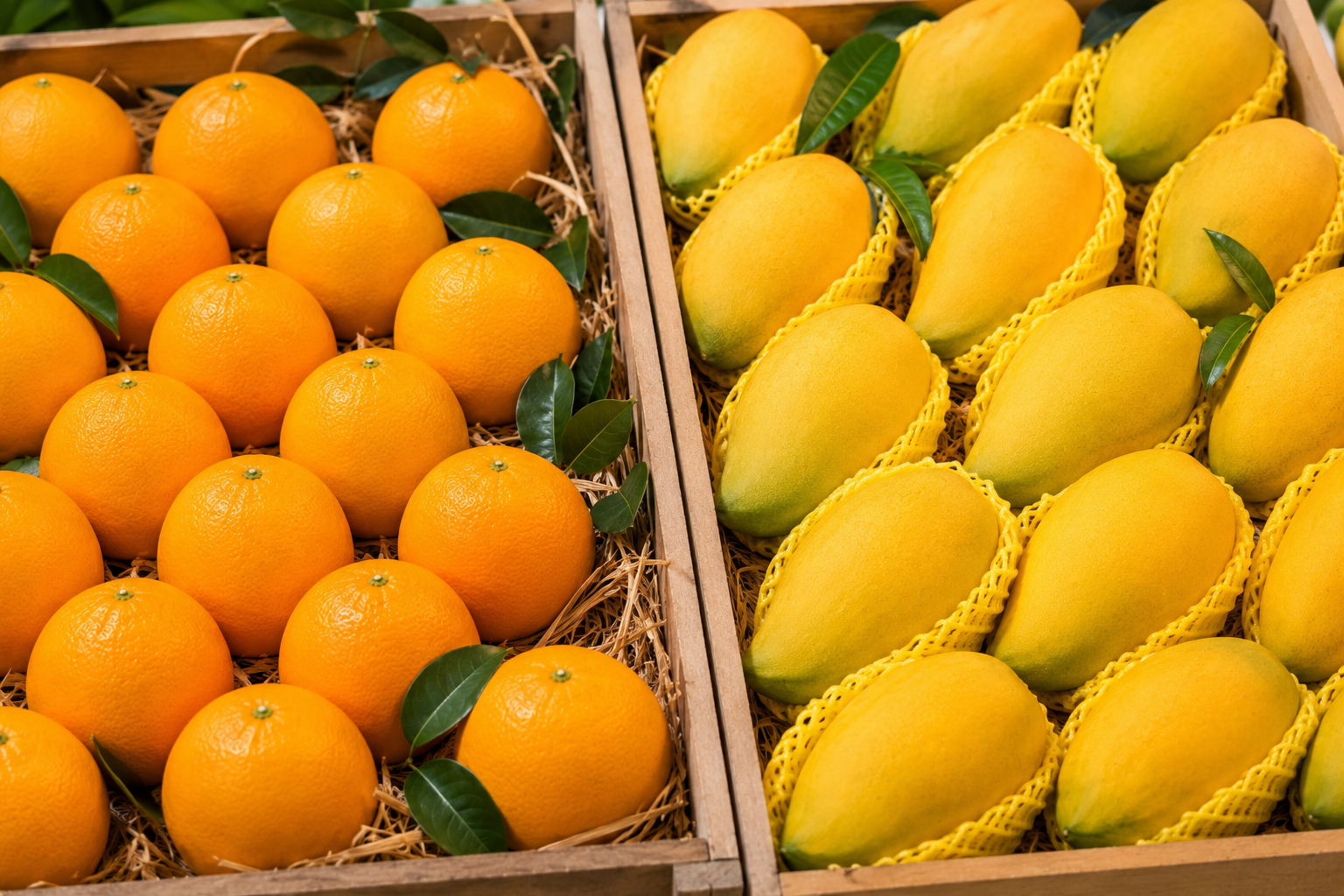 Fresh export oranges and mangoes packed in crates