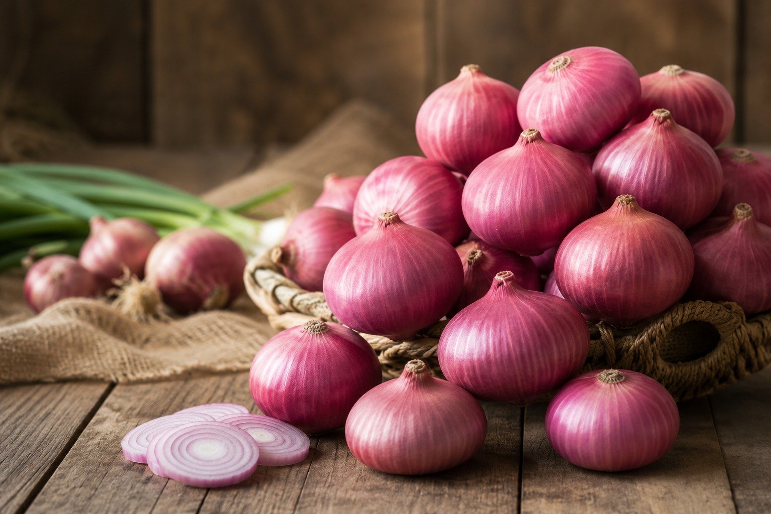 Fresh red onions for export in a basket